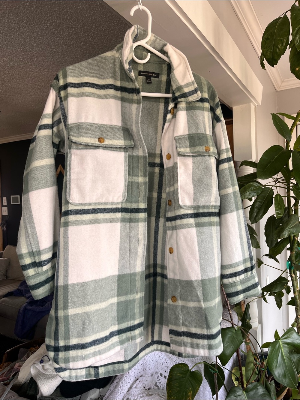 Banana Republic Plaid Shacket in Sage Green and Cream